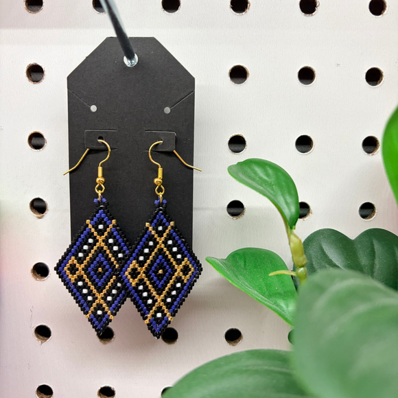 Unbranded Jewelry - Hand Beaded Diamond Drop Earrings in Blue and Gold, Native American Style,